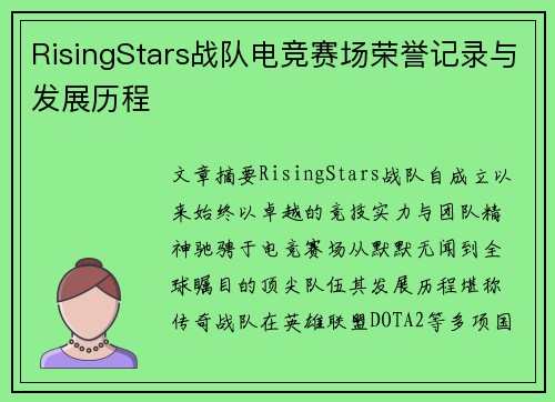 RisingStars战队电竞赛场荣誉记录与发展历程